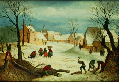 Winter Landscape with Peasants Chopping Wood by Abel Grimmer or Grimer